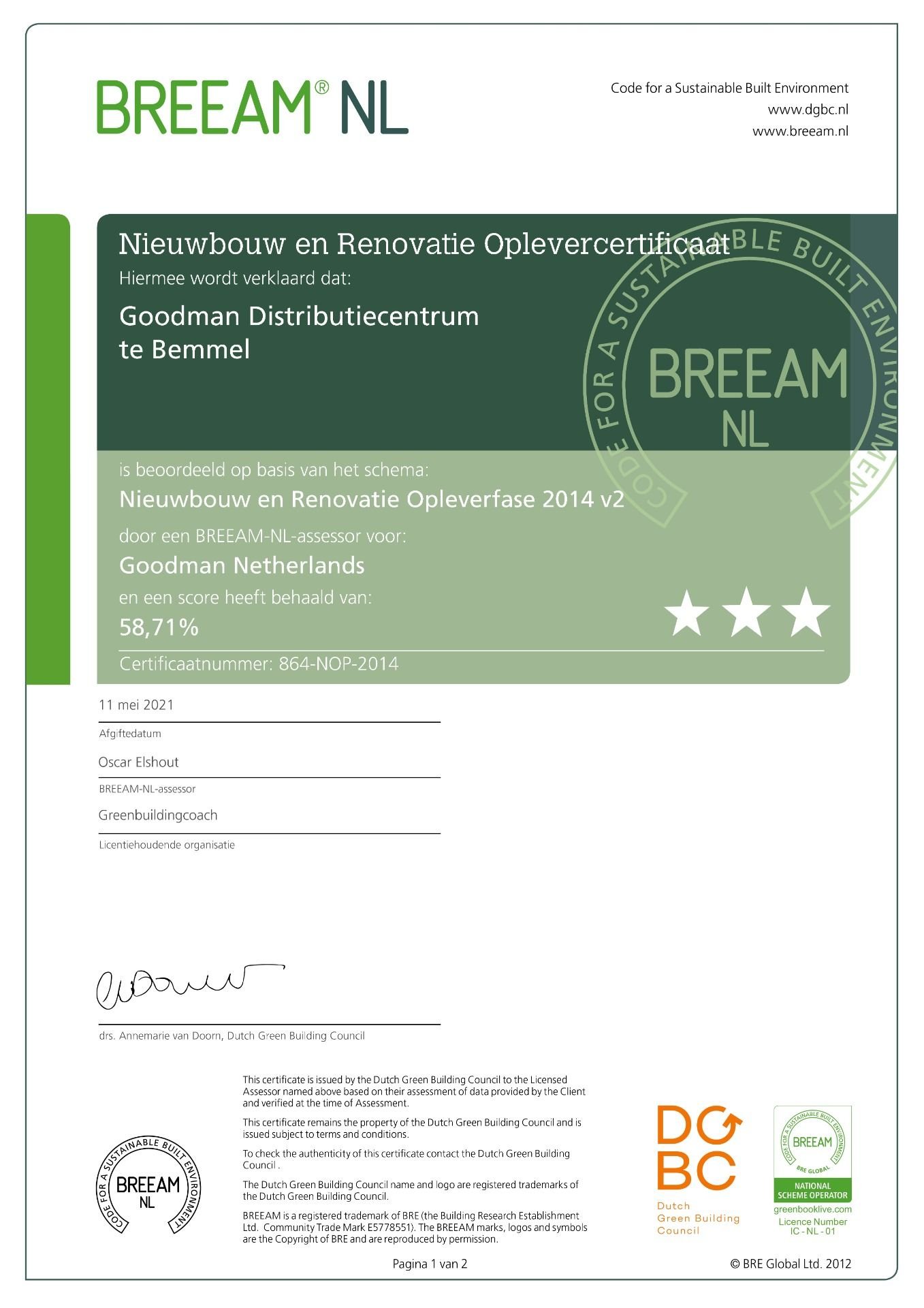 Goodman - BREEAM-NL Very Good Certificaat